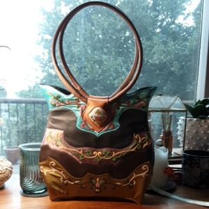 Silk And Leather Emroidered Handbag